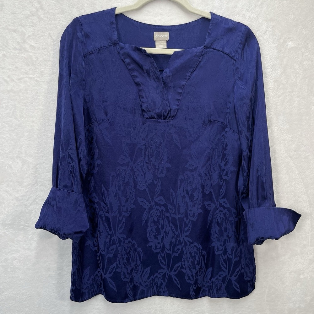 Chico's Floral Jacquard Popover‎ Tunic Top Womens 8/10 Blue 3/4 Sleeve Dressy